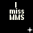 Black background with white pixelated text 'miss MMS' repeated in a , each instance topped by an exclamation mark; small white star-like and dot patterns animate across the scene