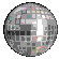 Three circular pixelated images of a silver disco ball with reflective mirror facets showing scattered light reflections and color fragments.