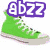 Green high-top sneaker with white laces, purple text 'abzz', and blue heart doodles on a white background.