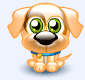 Animated cartoon dog with green eyes, brown fur, and blue collar showing multiple expressions including winking, tongue out, and red object near mouth.