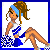 Pixel art cheerleader icon with blue and white uniform, brown hair in ponytail, holding pom-poms, static single-frame image on white background with blue border.