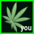Animated sequence of cannabis leaf icons with changing text overlays on dark backgrounds, framed by green borders.