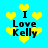 Pixelated blue background with yellow heart shapes and black text reading "I Love Kelly" in four quadrants.