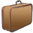 Brown suitcase with brown trim and handle, covered in various country flag stickers including Germany, Ukraine, and others.