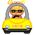 Pixel art animation of a cartoon character driving a yellow car with two different front designs across frames.