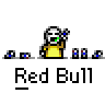Animated contact sheet of a yellow stick figure mascot performing various actions across 22 frames with "Red Bull" text below each frame on gray background.