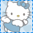 Animated Hello Kitty icon with blue dress and bow, showing subtle frame-to-frame variations in pose and heart symbols across a 5x4 contact sheet of sampled frames.
