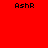 Red background with cyan rectangular blocks and black text reading 'AshR' in multiple positions.