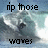 Pixelated image with blue-gray background showing a wave and text reading 'rip those waves' in black block letters.