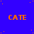 Blue background with orange 'CATE' text repeated in a pattern and scattered orange dots