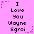 Pixelated text on a pink background with purple star accents, repeating 'I Love You Wayne Sgroi' in three