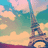 Pixelated image of Eiffel Tower against pastel sky with pink text reading 'Wish I was here!!' and green heart symbol.