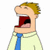 Pixelated cartoon character with light brown hair, open mouth showing red interior and black void, wearing blue tie and pale yellow shirt against white background.