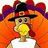 Pixelated turkey character wearing black hat with red band, white shirt, and orange feathers, holding yellow object to mouth against orange background with white text.