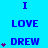 Blue background with repeated text "I LOVE DREW" in blue, purple hearts appear and multiply on left side across frames.
