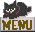Pixel art animation of a black cat with yellow eyes and pink cheeks peeking over a menu sign, displayed as two sequential frames in a contact sheet.