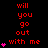 Red text "will you go out with me" on black background, pink hearts animate in vertical stacks.