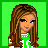 Pixel art of a female character with brown hair and green-and-white clothing, showing facial expressions, body parts, and text elements on green backgrounds