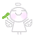 Pixelated angel figure with closed eyes, pink cheeks, white wings, and green flower holding a small flag above its head.