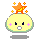 Pixelated yellow circular character with black eyes, pink cheek marks, and a white mouth; orange star on head with small stars around it.