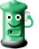 Green cylindrical character with white eyes and black pupils, smiling face, mouth open in some frames, holding a small white object near its head.