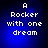 A blue background with white pixelated text reading "A Rocker with one dream" in four identical arranged in a