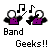 Pixel art of two figures in purple shirts and black sleeves holding white orbs, with musical notes between them, labeled 'Band Geeks!!' on gray background.