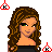 Pixelated icon set featuring a woman with brown hair, black top, and blue jeans holding red bags, alongside text elements like 'love', 'date', and 'choc' in various styles.