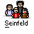 A 3x3 contact sheet of pixelated Seinfeld character icons with varying animation states and text treatments, all labeled "Seinfeld" beneath each frame on a gray background.