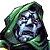 Pixelated character with metallic face and green hooded cloak on white background, adjacent to dark green with bright green text