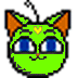 Pixelated green cat head with orange ears, blue eyes, and a yellow heart on forehead; two expressions show closed mouth versus open red mouth.