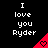 Pixelated text 'I love you Ryder' appears in white on black background with red triangular icons containing heart symbols.
