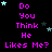 A black background displays repeated purple text "Do You Think He Likes Me?" with scattered light blue and dark gray stars, partially obscured by a gray rectangle in the bottom-right corner.