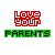Pixel art icon with red 'LOVE YOUR PARENTS' text, green 'PARENTS' and 'CAR' labels, pink hearts, and animated heart count changes.