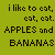 six colored squares with pixelated text, each displaying a variation on 'i like to eat, eat, eat. APPLES and BANANAS' in different fonts and colors