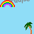 Pixelated rainbow arcs, palm trees, and faded 'paradise' text repeat across a light blue background with partial gray overlay.