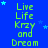 Blue background with green text reading "Live Life Krzy and Dream" repeated in a pattern, scattered light blue stars