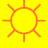 Yellow background with orange sun icon and text reading 'Bright and sun-shiny day' in pixelated font.
