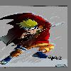Static pixelated anime-style icon of a character with spiky yellow hair and red clothing in mid-action pose against gray background.