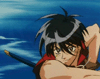 Anime character with spiky black hair and silver streaks, wearing red sleeveless top, in dynamic poses against blue sky background with sword and glowing effects.