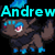 Pixelated character with brown fur, blue accents on head and feet, red eyes with white pupils, pink inner eye details; text overlays in cyan and green.