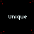 Black background with scattered red dots and repeated white text 'Unique' in a pattern, with a gray rectangle in the bottom-right corner