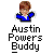 Pixelated cartoon figure with brown hair in blue shirt, displayed in with text "Austin Powers Buddy" below each instance