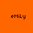 Orange background with four white rectangular bars and pixelated text reading 'emily' in lowercase letters.
