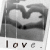 A grayscale buddy icon shows a stylized heart shape with two circular eyes and a horizontal line mouth, below which the word 'love.' is written in pixelated text.