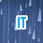 Blue text 'IT IS RAINING' on a dark blue background with falling raindrops, displayed in a pixelated style.