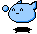 Pixelated blue character with rounded body, small ears, and simple facial features appears in four showing subtle pose changes