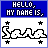 Blue and white pixelated icon with text 'HELLO, MY NAME IS.' above a stylized name in blocky letters surrounded by four stars.
