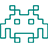 Teal geometric shape with interconnected lines and square cutouts on a light gray background.