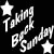 A black-and-white animated contact sheet showing two frames of a pixelated text-based icon with "Taking Back Sunday" and star symbols.